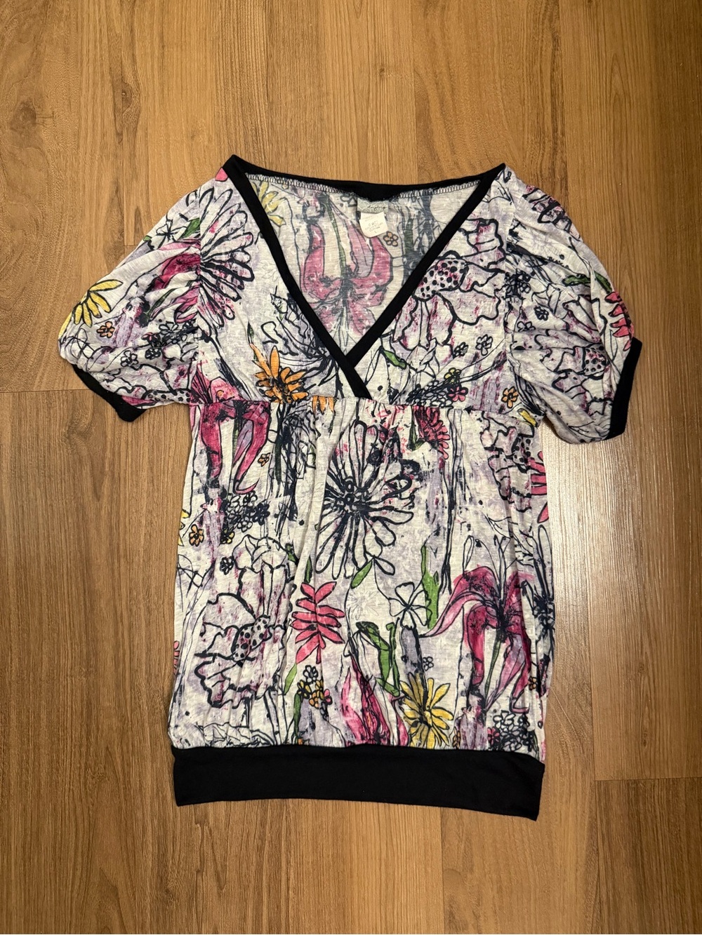 Daytrip Floral V-Neck Sheer Floral Top with Black Trim